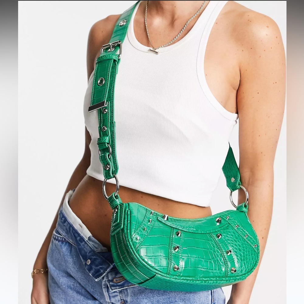 NWOT ASOS DESIGN curved crossbody bag with studding in green croc